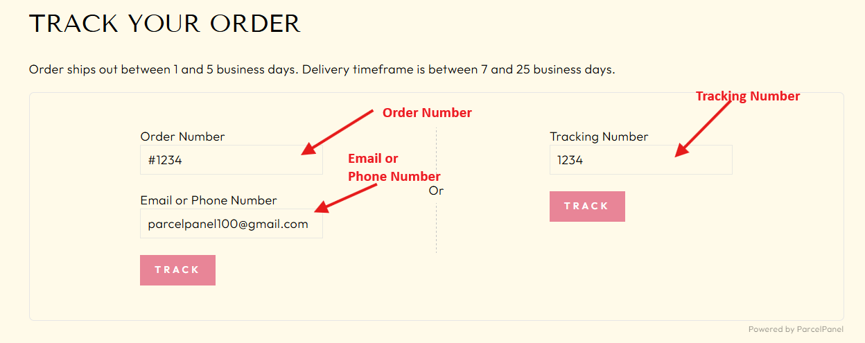Order tracking interface showing order number and tracking number fields